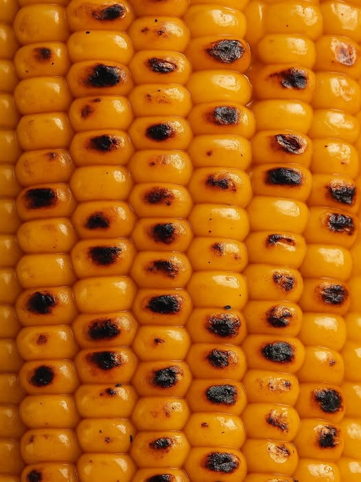 Close-up of flame-grilled corn kernels — golden and charred