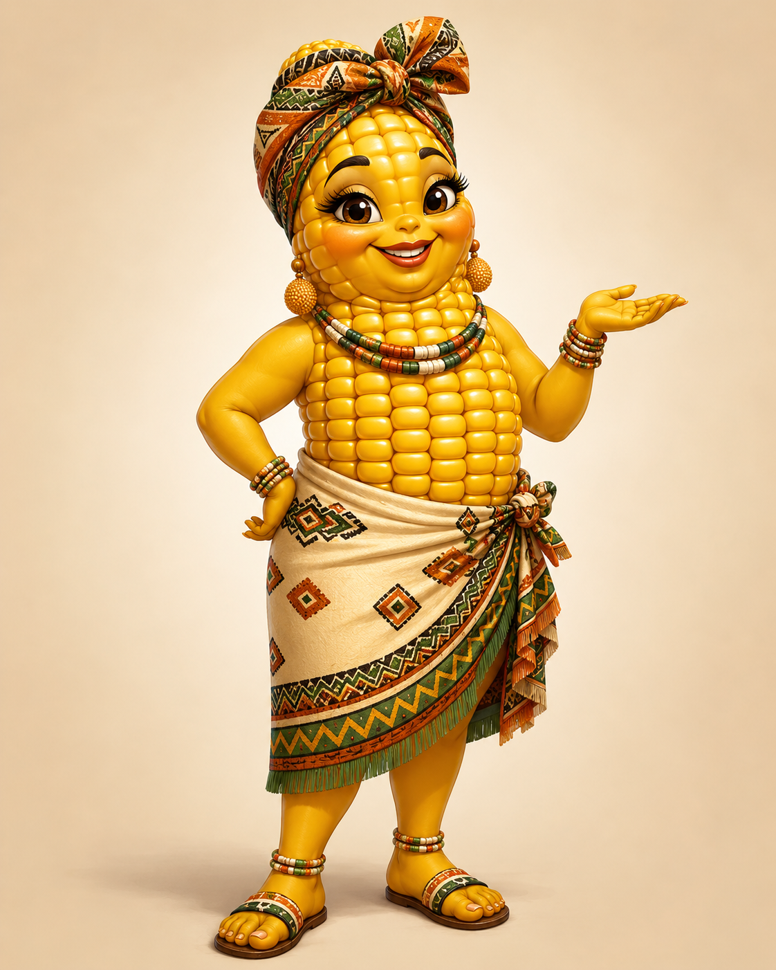 Mama Mielie mascot — a friendly anthropomorphic corn cob figure in Pan-African traditional dress, welcoming you in.
